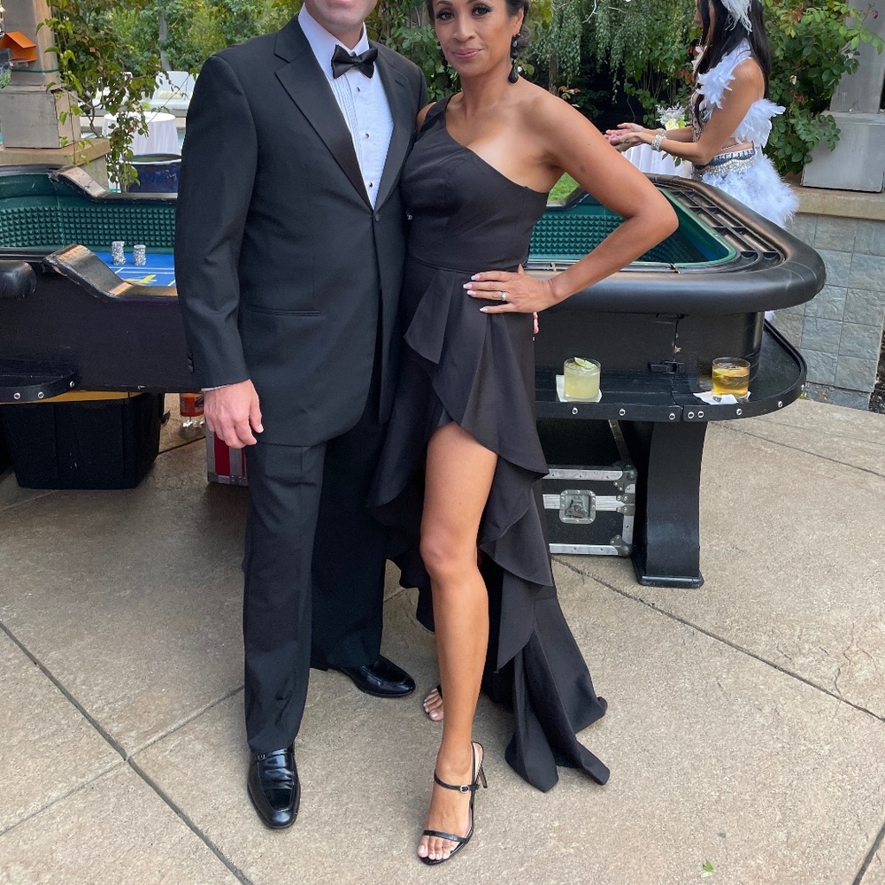 Mac Duggal One Shoulder High Slit Ruffle Gown